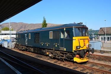 Class 73 Electro-diesel in Caledonian Sleeper livery at Fort William Station